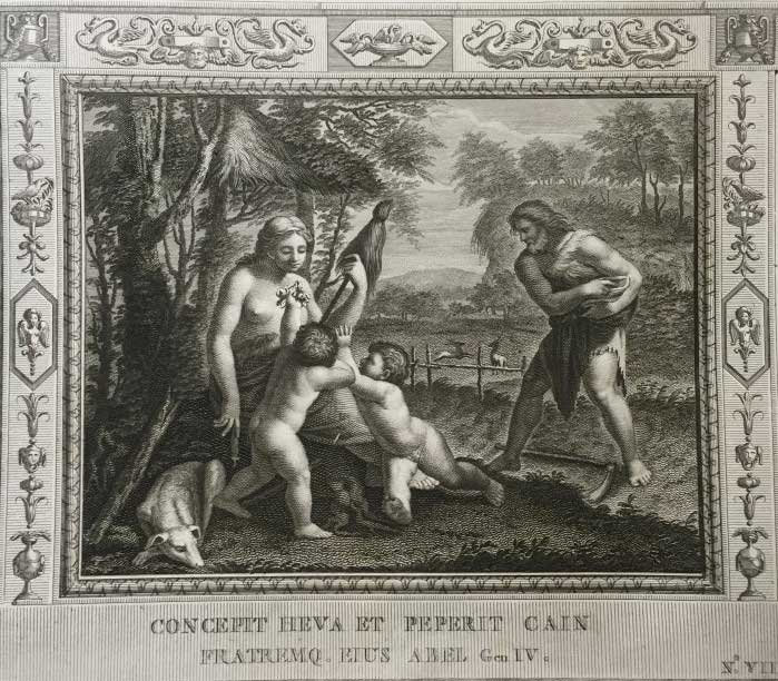 Ева зачала и родила Каина, брата Авеля. (Альбом гравюр XVIII века. Библия Рафаэля)